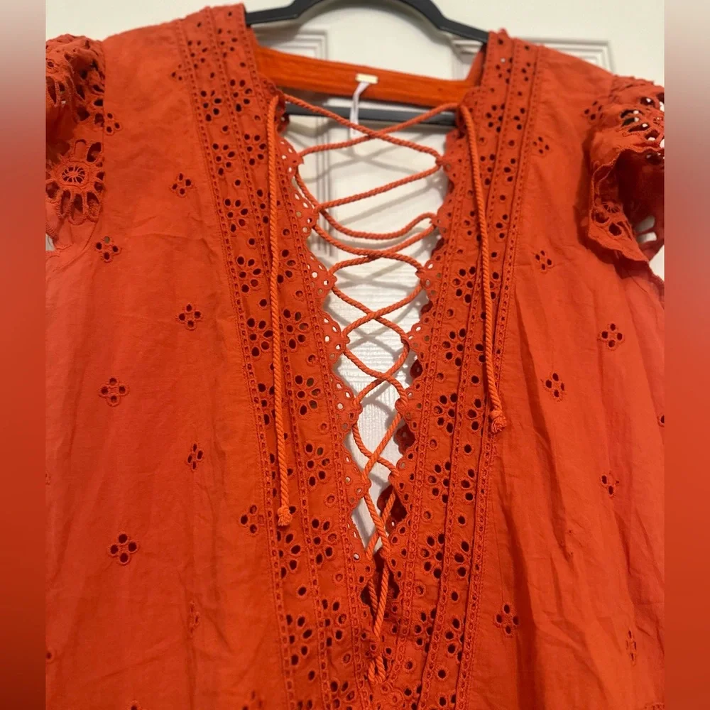 Free People Rust Orange Lace-Up Eyelet Mini Dress